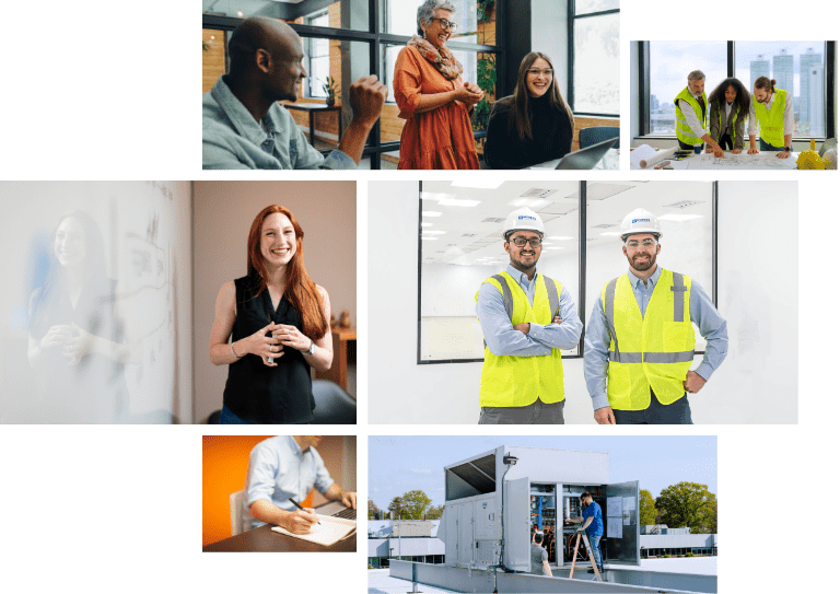 Grid of images showing employees and different projects done by Hodess.